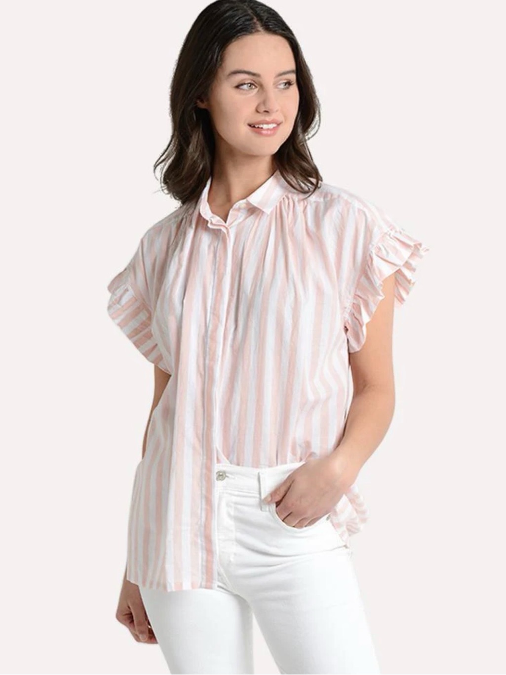 Trovata Pink And White Striped Ruffle-Sleeve Button-Up Blouse